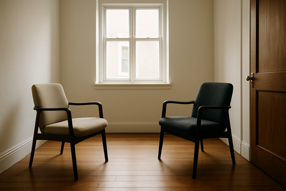 2 chaises dans un cabinet de thrapie gestalt, une blanche et l'autre noire