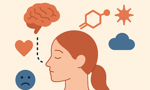 Dessin d'un femme entourée d'icones representant les états associes aux hormones