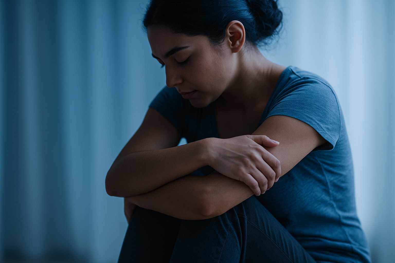Personne assise les bras autour du corps illustrant la honte corporelle et la bienveillance envers soi en Gestalt-thérapie à Chevilly-Larue