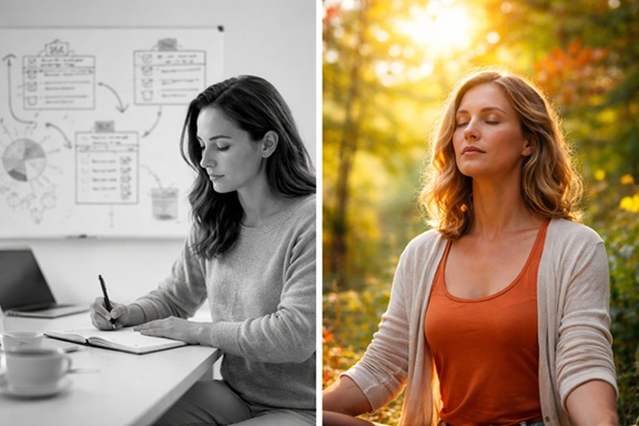 Illustration en 2 parties : une femme dans les teintes grises (TCC) et une femme dans les tons colorés (gestalt)