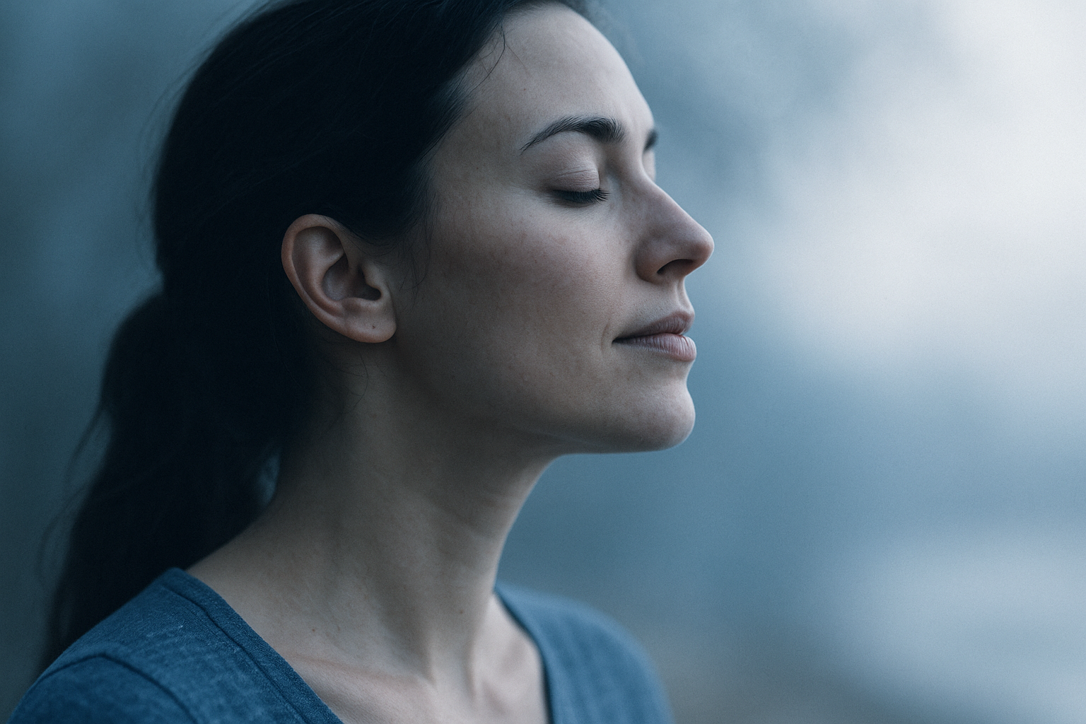 Profil d'une personne respirant calmement face à la lumière illustrant la respiration et l'apaisement en Gestalt-thérapie à Thiais