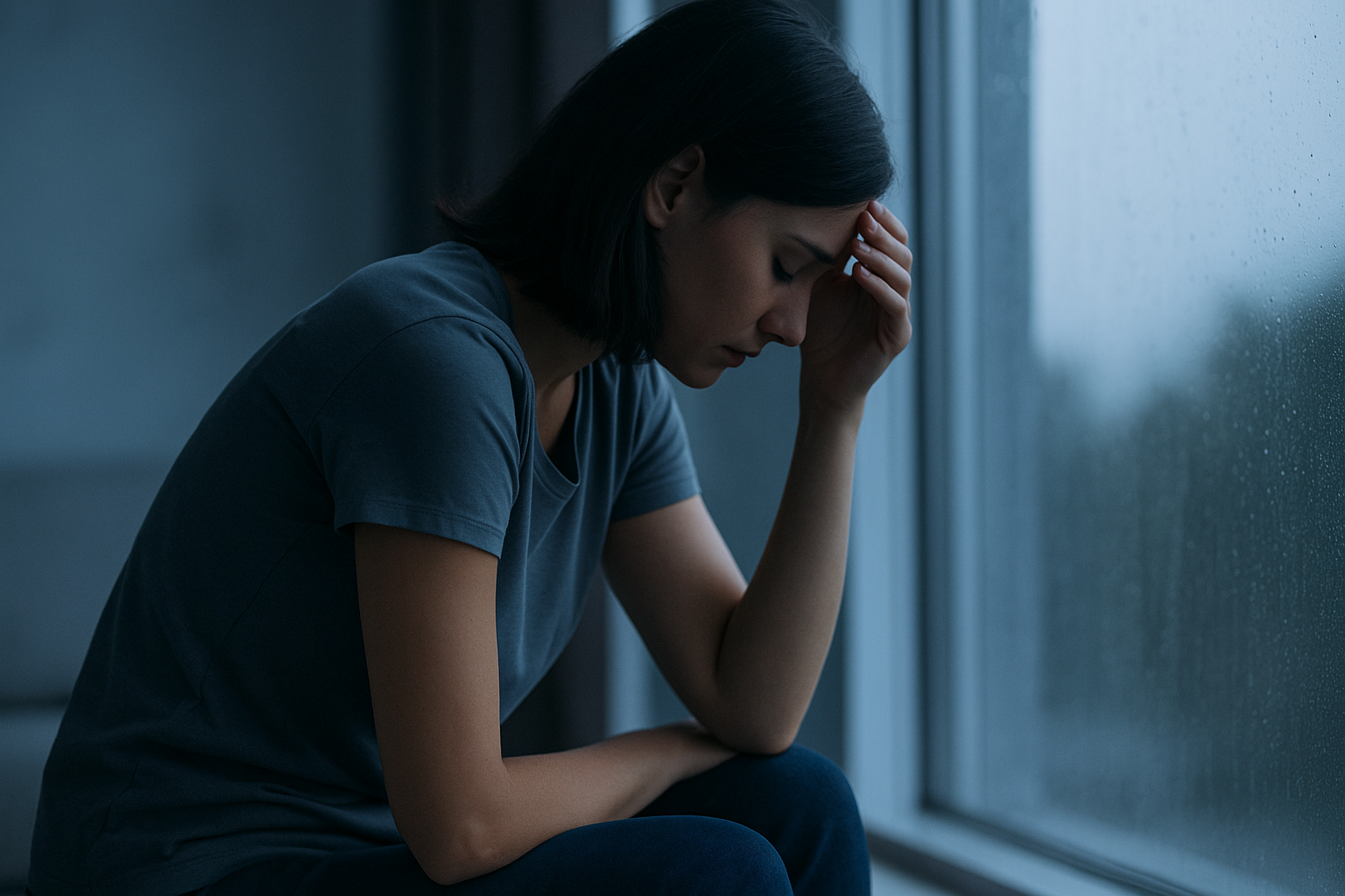 Personne assise près d'une fenêtre illustrant la fatigue et les tensions corporelles en Gestalt-thérapie à Ivry-sur-Seine