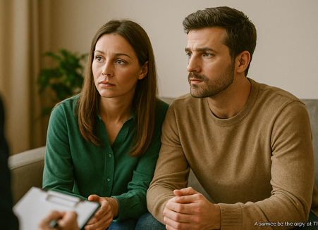Couple en réflexion pendant une séance de thérapie de couple gestalt à Thiais