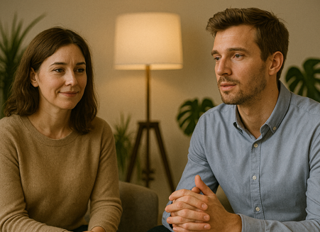 thrapeute et patient en face  face, ambiance tamise avec plantes