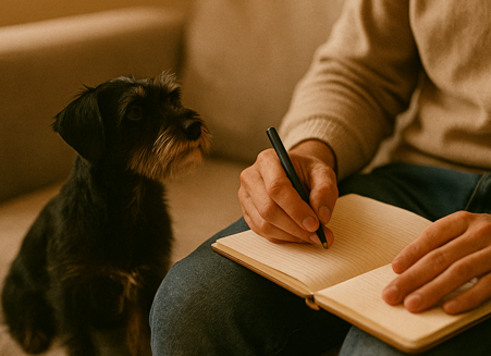 Petit chien noir attentif et main pose sur un carnet, moment de silence partag