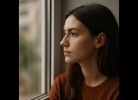 Personne qui regarde par la fenêtre, expression calme et introspective