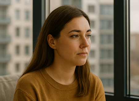 Jeune femme pensive face à une baie vitrée, ambiance urbaine mais douce